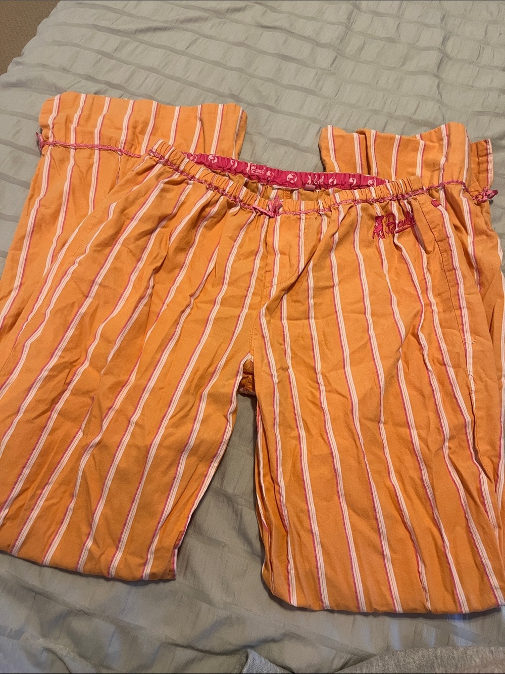 Bambi Vintage Orange Striped Pajama Pants Small Pink Embroidered